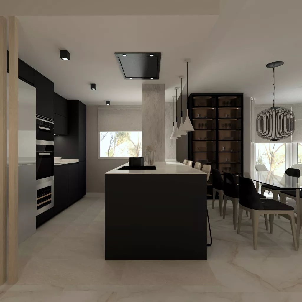 Cocina Santos Negra con Isla Abierta al Salón