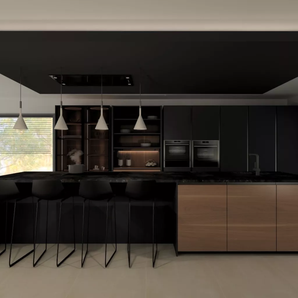 Cocina Santos negra con isla abierta al salón