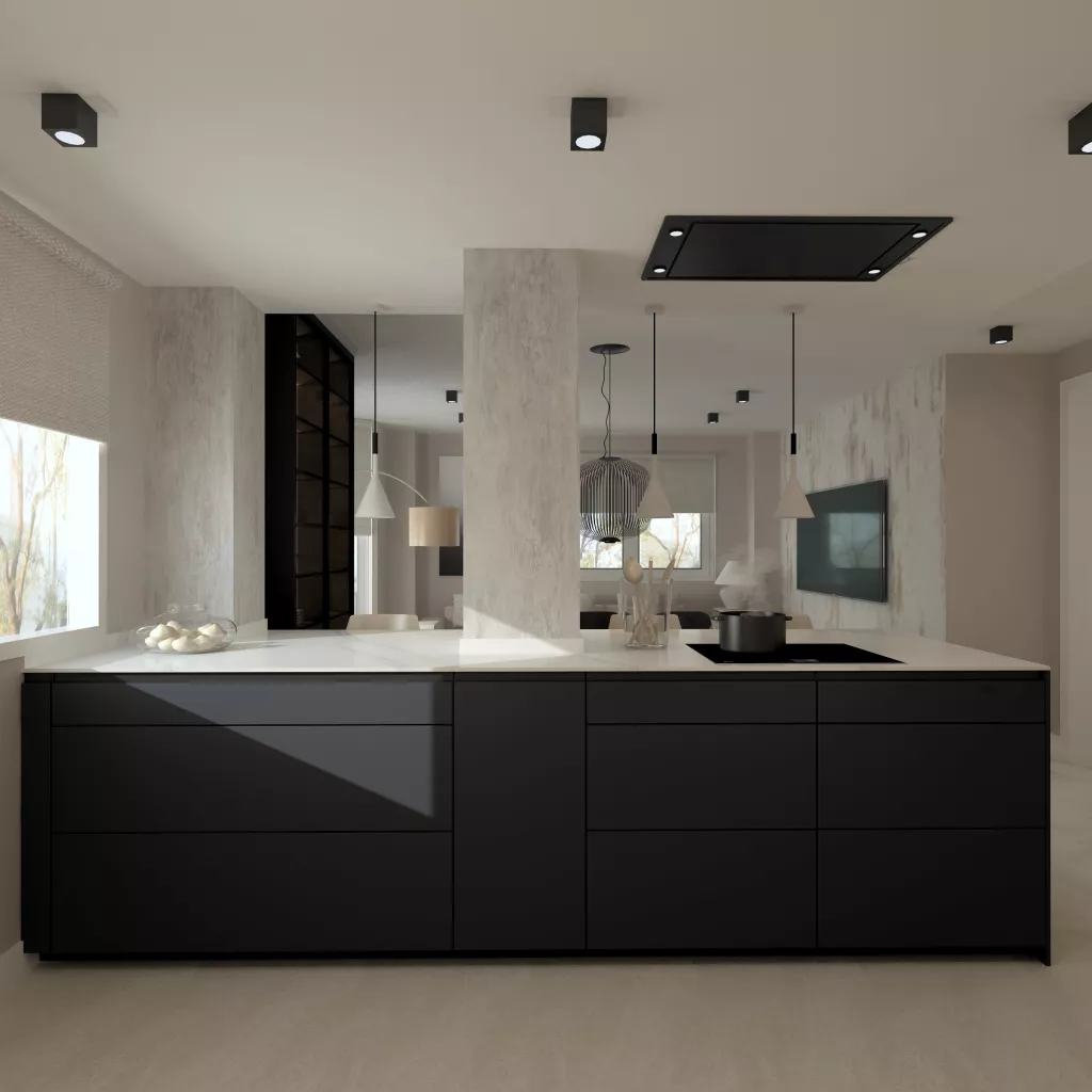 Cocina Santos Negra con Isla Abierta al Salón