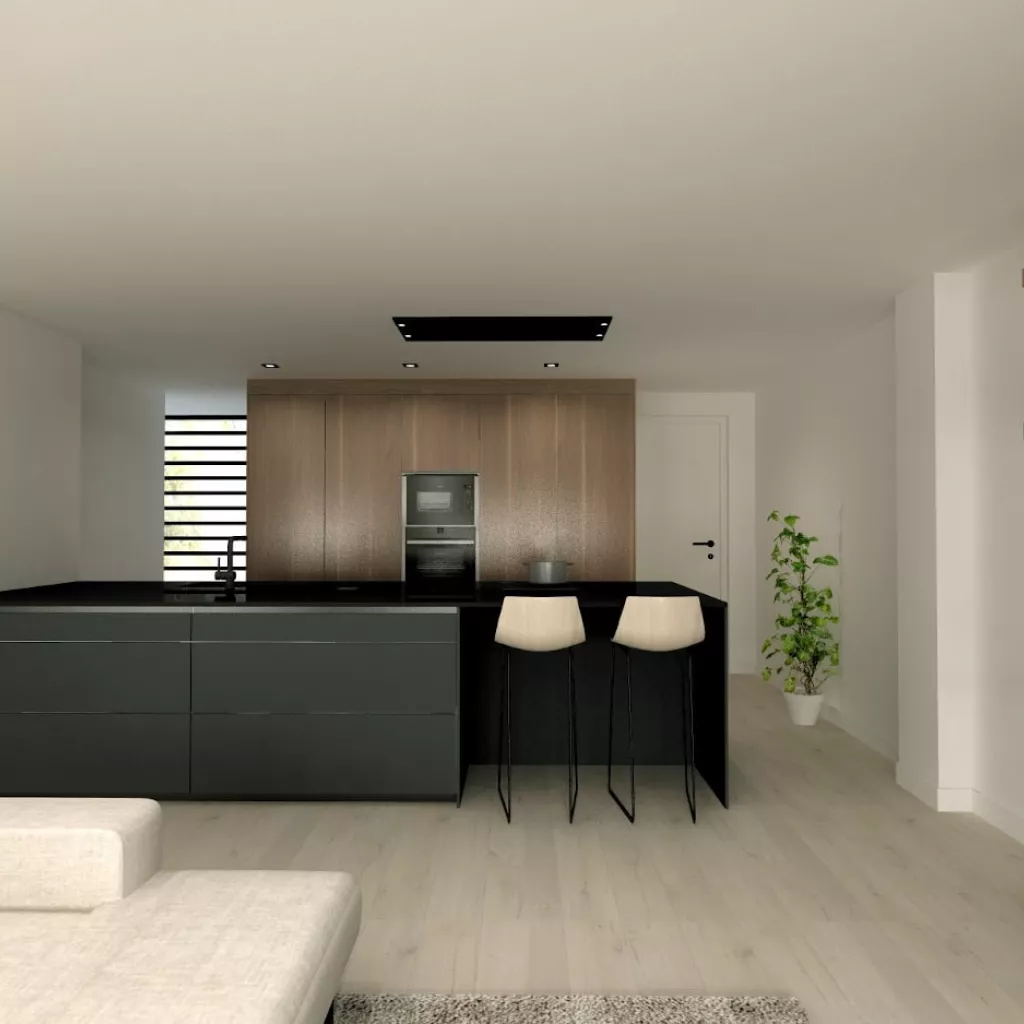 Cocina Santos negra con isla y encimera Dekton