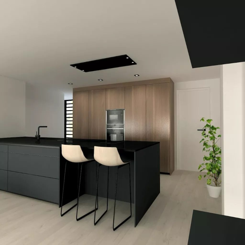 Cocina Santos negra con isla y encimera Dekton