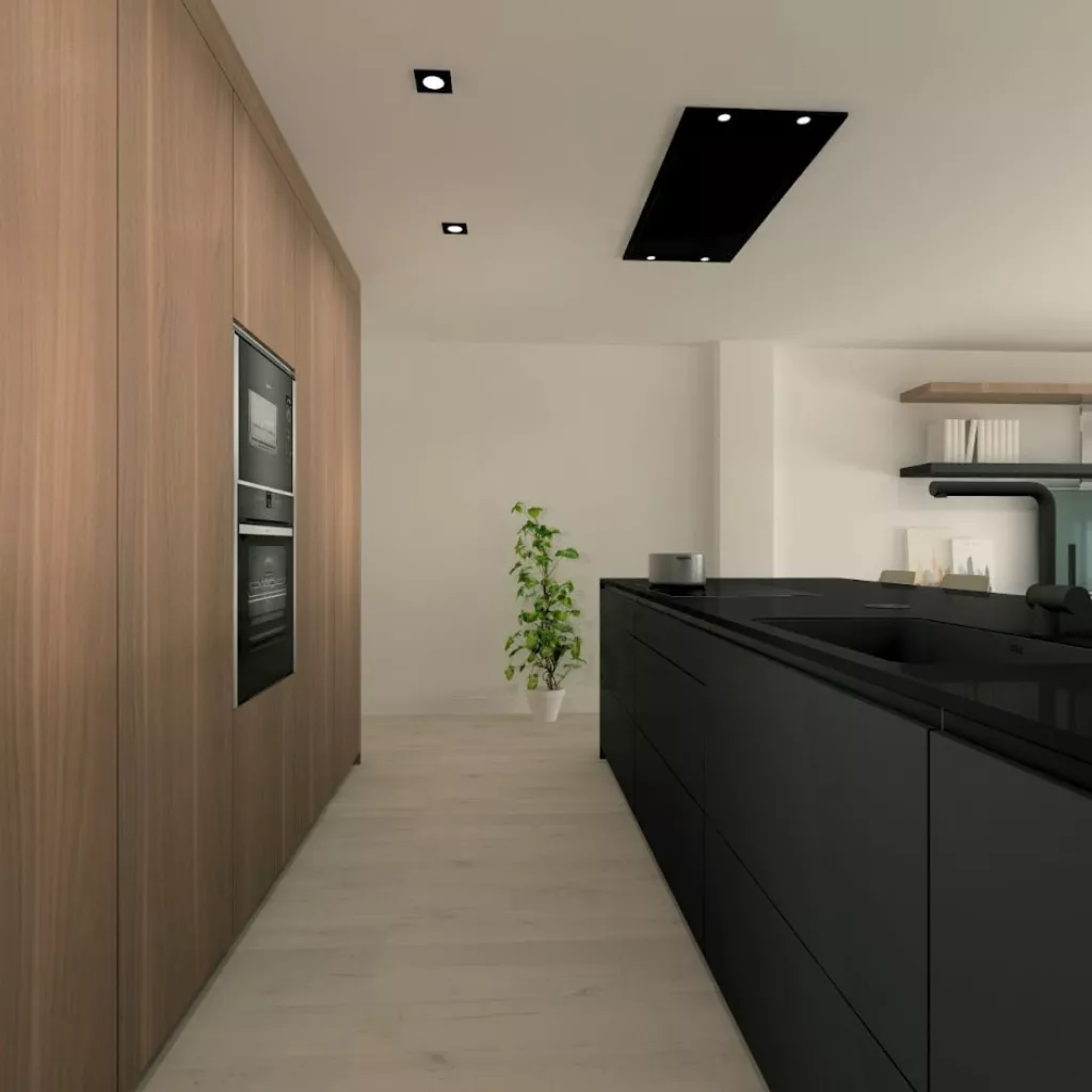Cocina Santos negra con isla y encimera Dekton