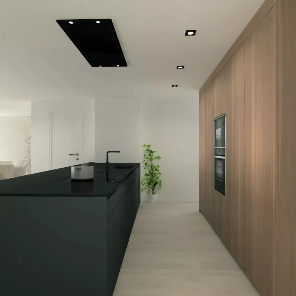 Cocina Santos negra con isla y encimera Dekton