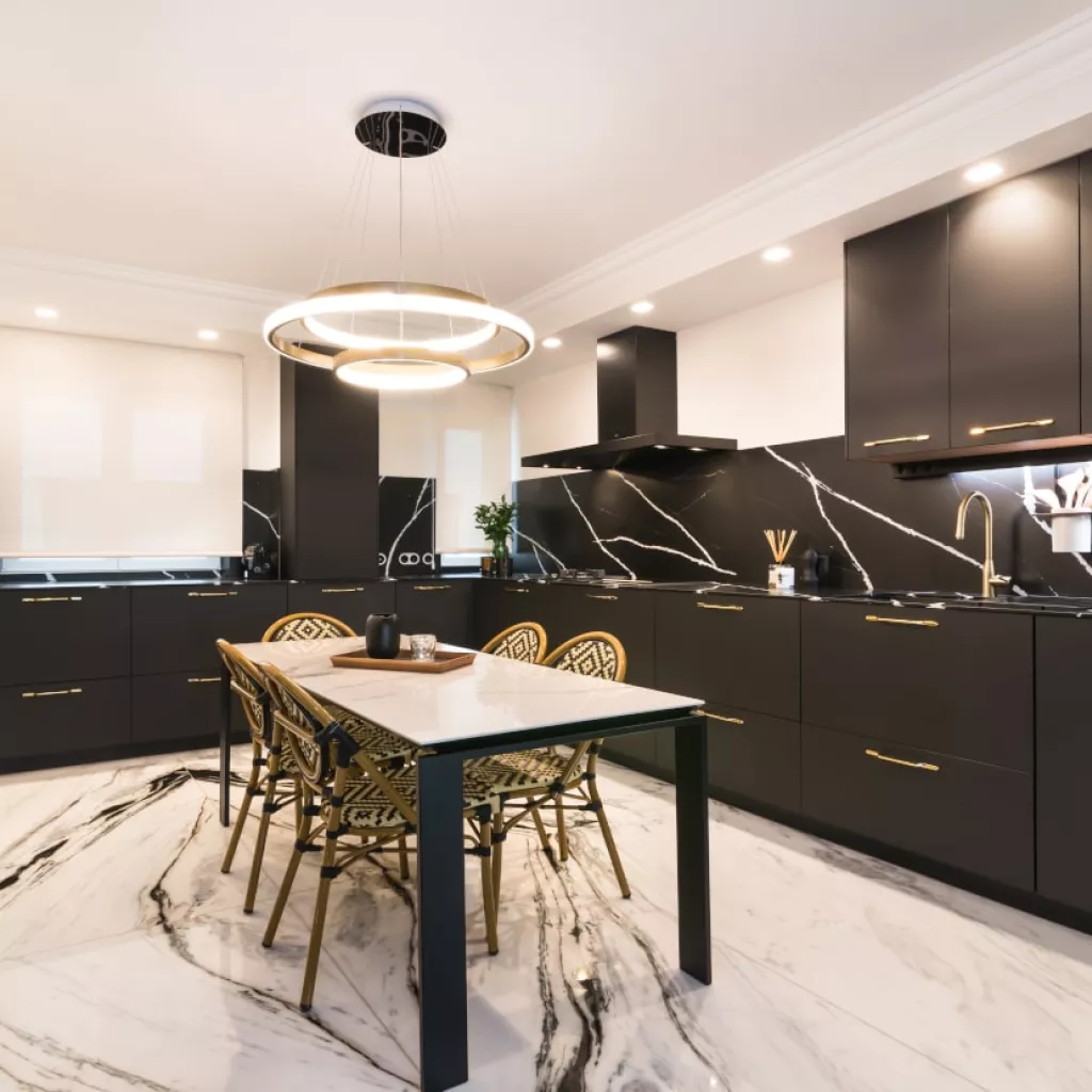 Cocina Santos negra en L y mesa central