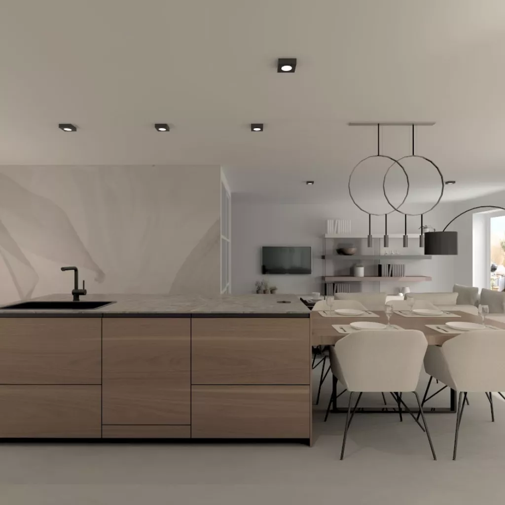 Cocina Santos negra y nogal con isla y encimera Dekton