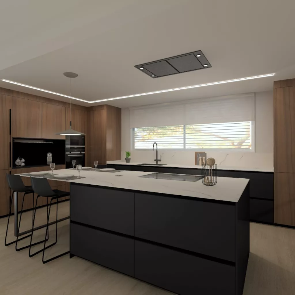 Cocina Santos negra y nogal con isla