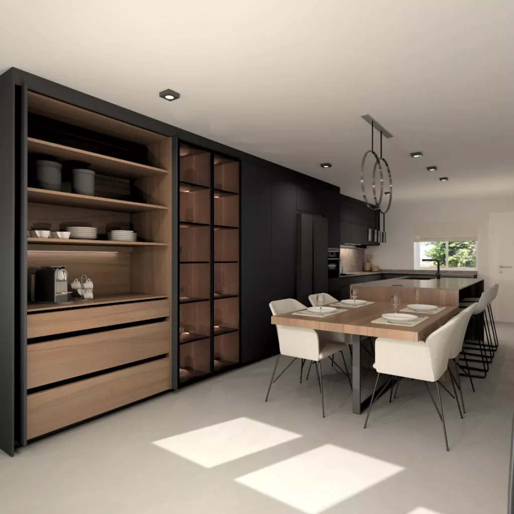 Cocina Santos negra y nogal con isla y encimera Dekton