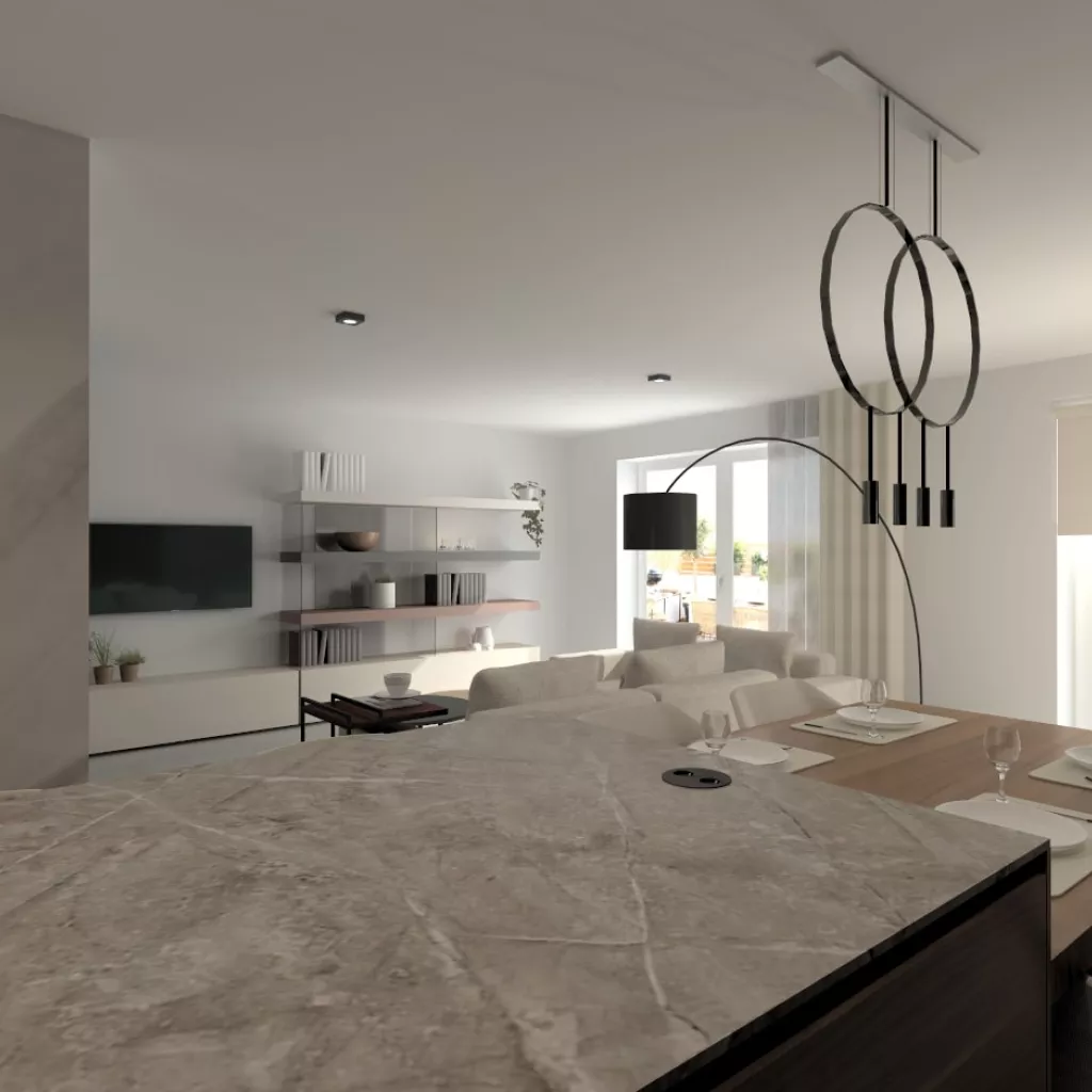 Cocina Santos negra y nogal con isla y encimera Dekton