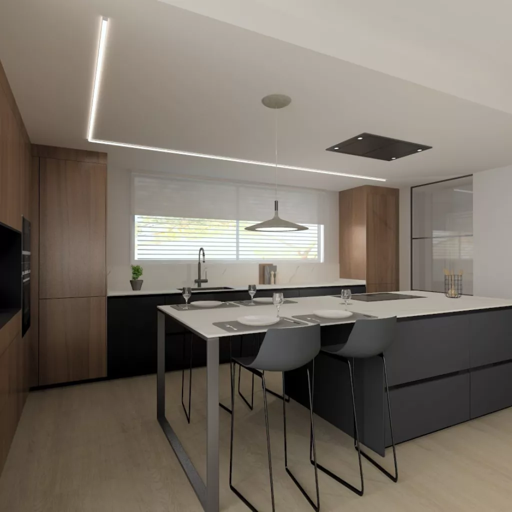 Cocina Santos negra y nogal con isla