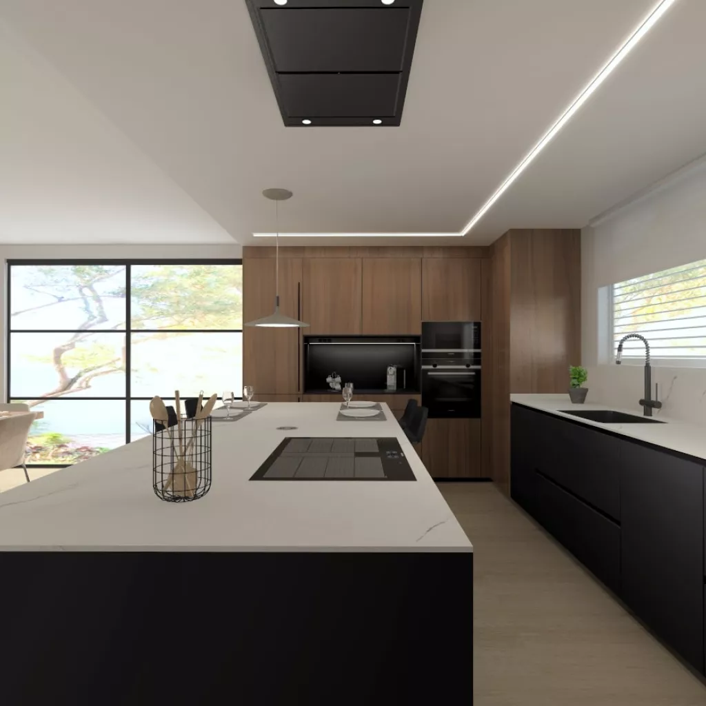 Cocina Santos negra y nogal con isla