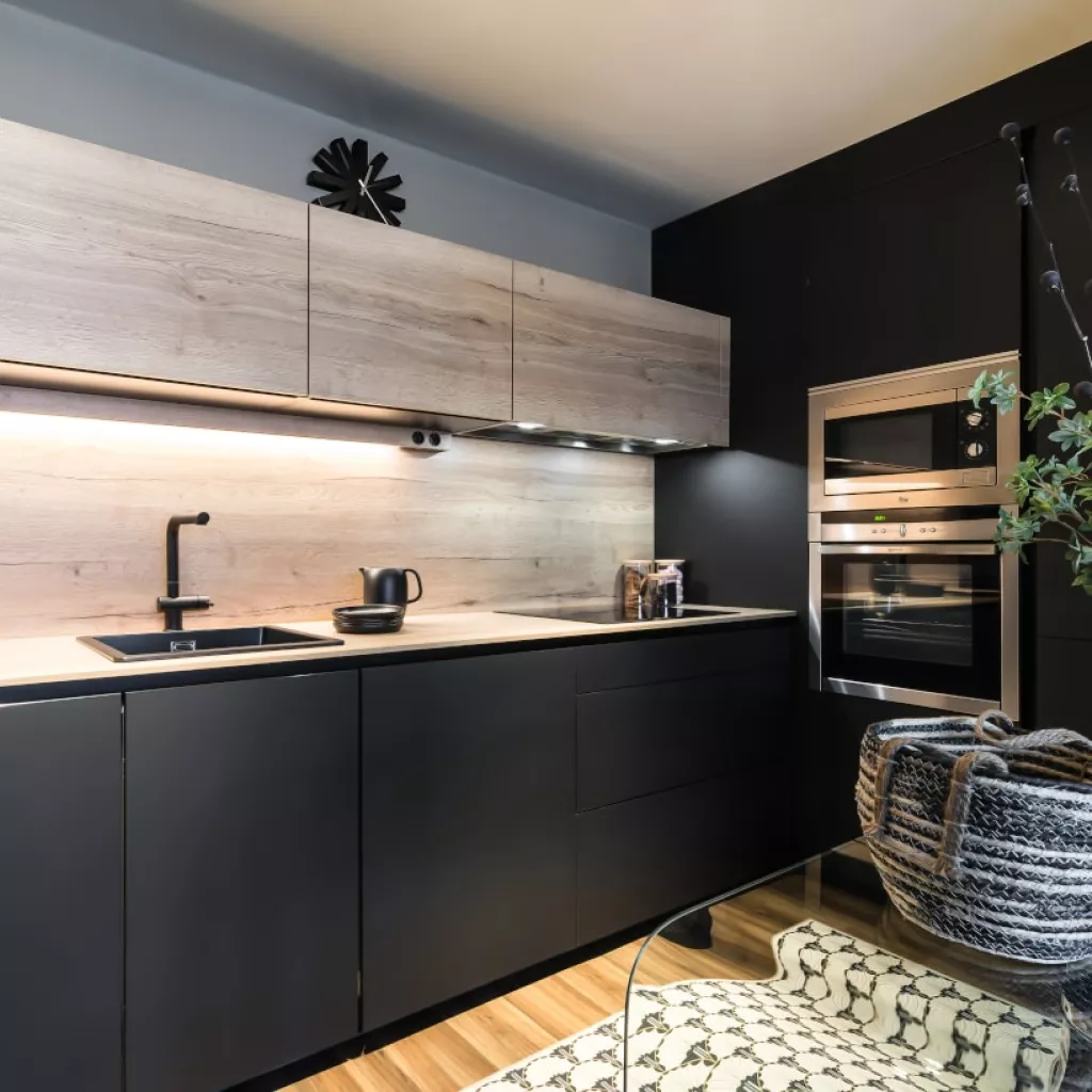 Cocina Santos negra y roble en forma L