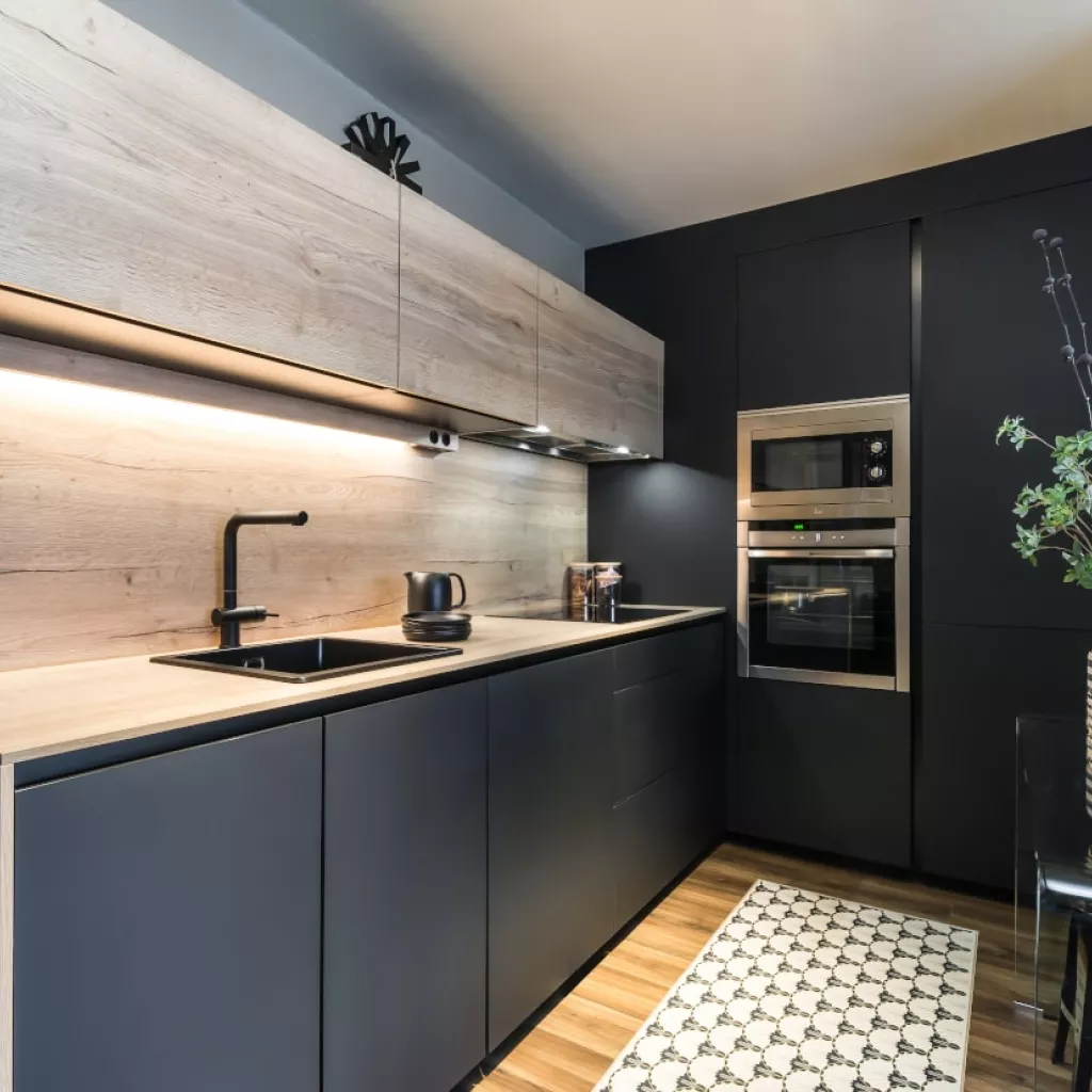 Cocina Santos negra y roble en forma L