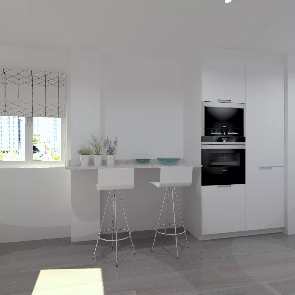 Aravaca | Cocina Santos | Modelo Minos Estratificado Blanco | Encimera Granito Naturamia Alaska