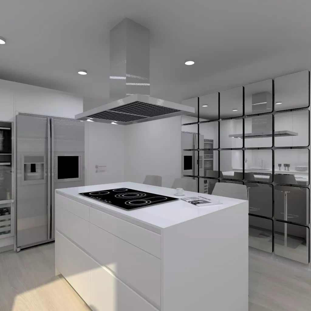 Cocina Santos | Modelo Line Laminado Seda Blanco | Encimera Granito Negro