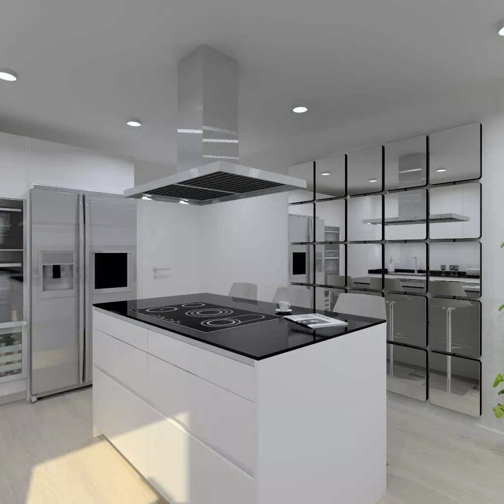 Cocina Santos | Modelo Line Laminado Seda Blanco | Encimera Granito Negro