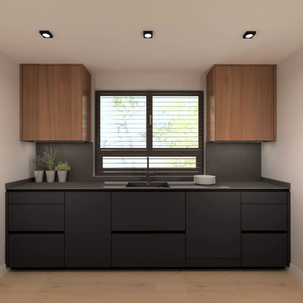 Frente cocina negra y nogal