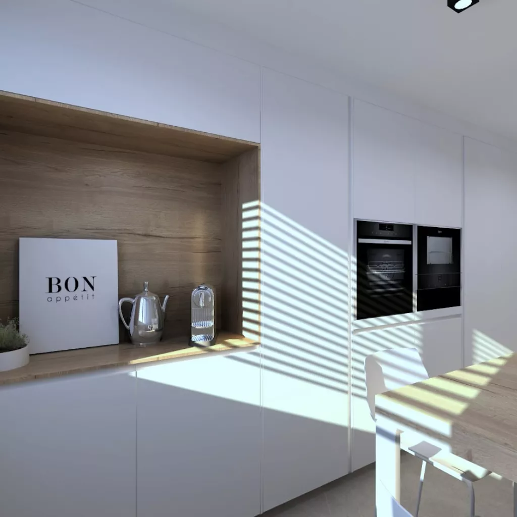 Frente columnas con desayunador en cocina Santos