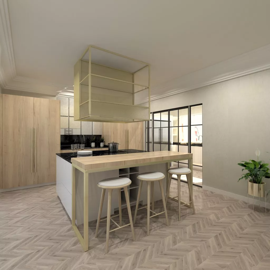 Cocina Santos | Plataforma A con apertura push. Colores blanco ártico brillo y roble rústico. Encimera Naturamia granito Cheyenne pulido