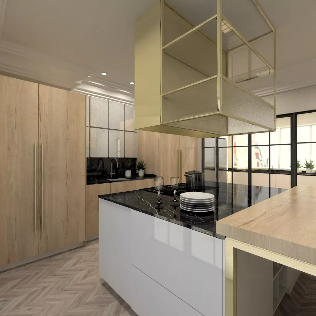 Cocina Santos | Plataforma A con apertura push. Colores blanco ártico brillo y roble rústico. Encimera Naturamia granito Cheyenne pulido