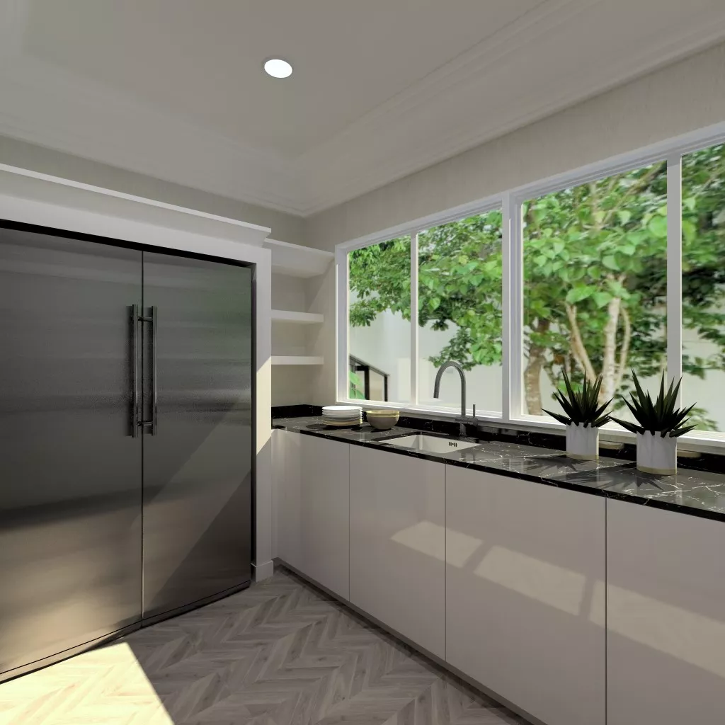 Cocina Santos | Plataforma A con apertura push. Colores blanco ártico brillo y roble rústico. Encimera Naturamia granito Cheyenne pulido