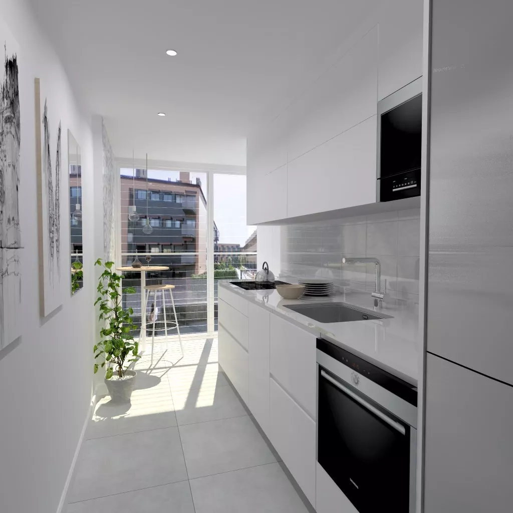 Laminado seda blanco en cocina Santos Line con encimera blanca Silestone