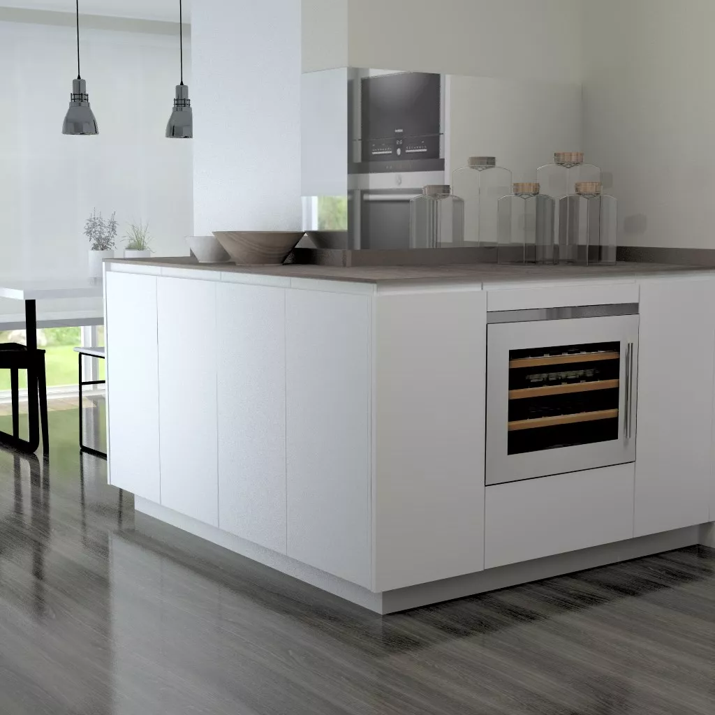 Aravaca | Cocina Santos | Modelo Line L Blanco Seda | Encimera Neolith Iron Cooper