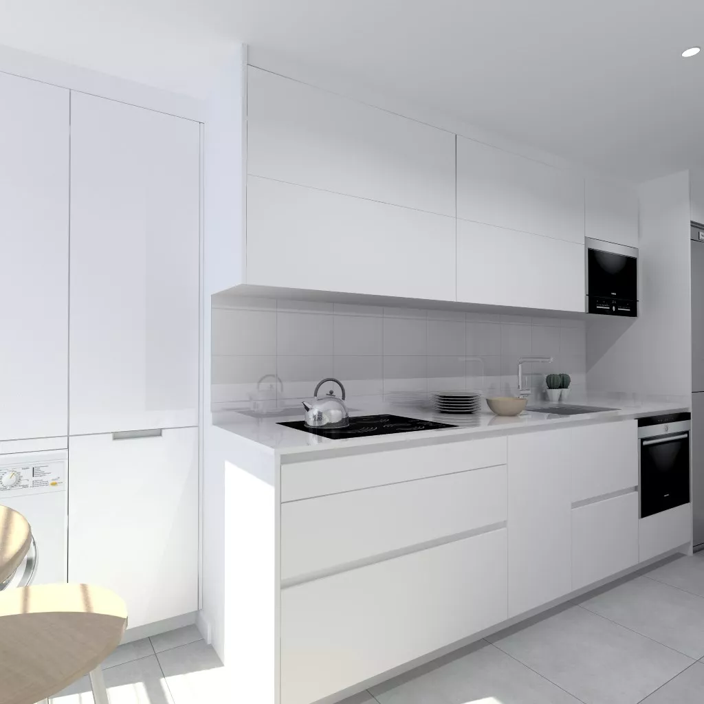 Laminado seda blanco en cocina Santos Line con encimera blanca Silestone
