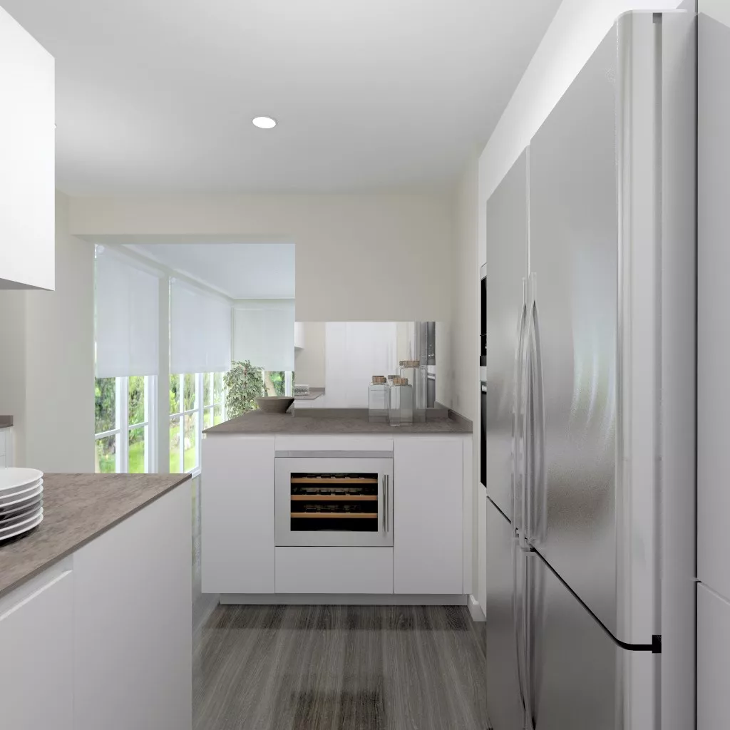 Aravaca | Cocina Santos | Modelo Line L Blanco Seda | Encimera Neolith Iron Cooper