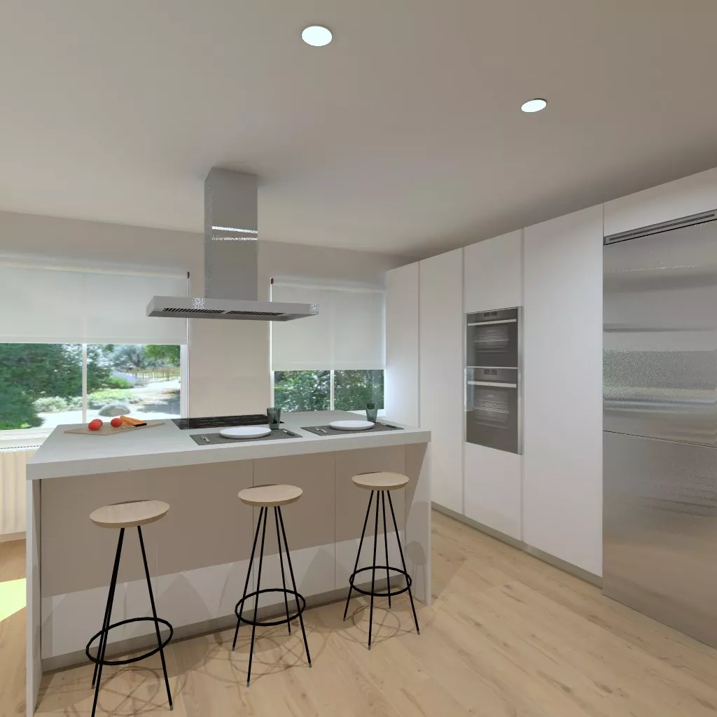 Aravaca | Cocina Santos | Modelo Minos Laminado Blanco Brillo | Encimera Neolith Piedra 