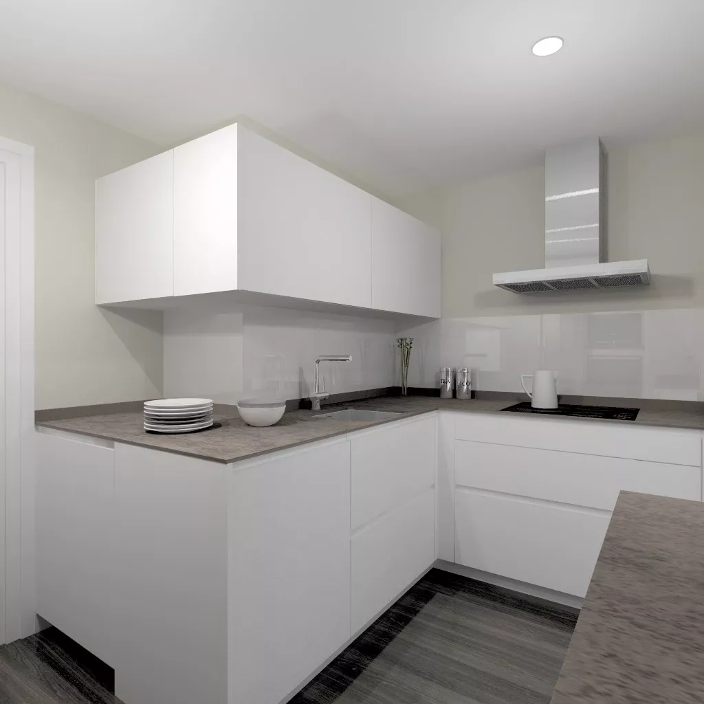 Aravaca | Cocina Santos | Modelo Line L Blanco Seda | Encimera Neolith Iron Cooper