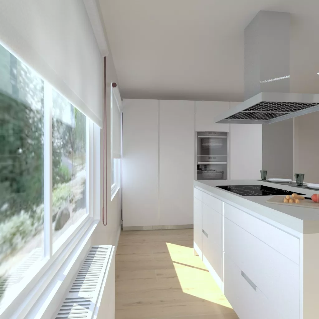 Aravaca | Cocina Santos | Modelo Minos Laminado Blanco Brillo | Encimera Neolith Piedra 