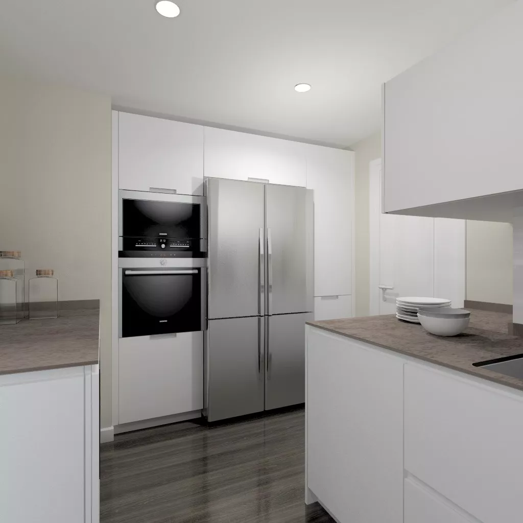 Aravaca | Cocina Santos | Modelo Line L Blanco Seda | Encimera Neolith Iron Cooper