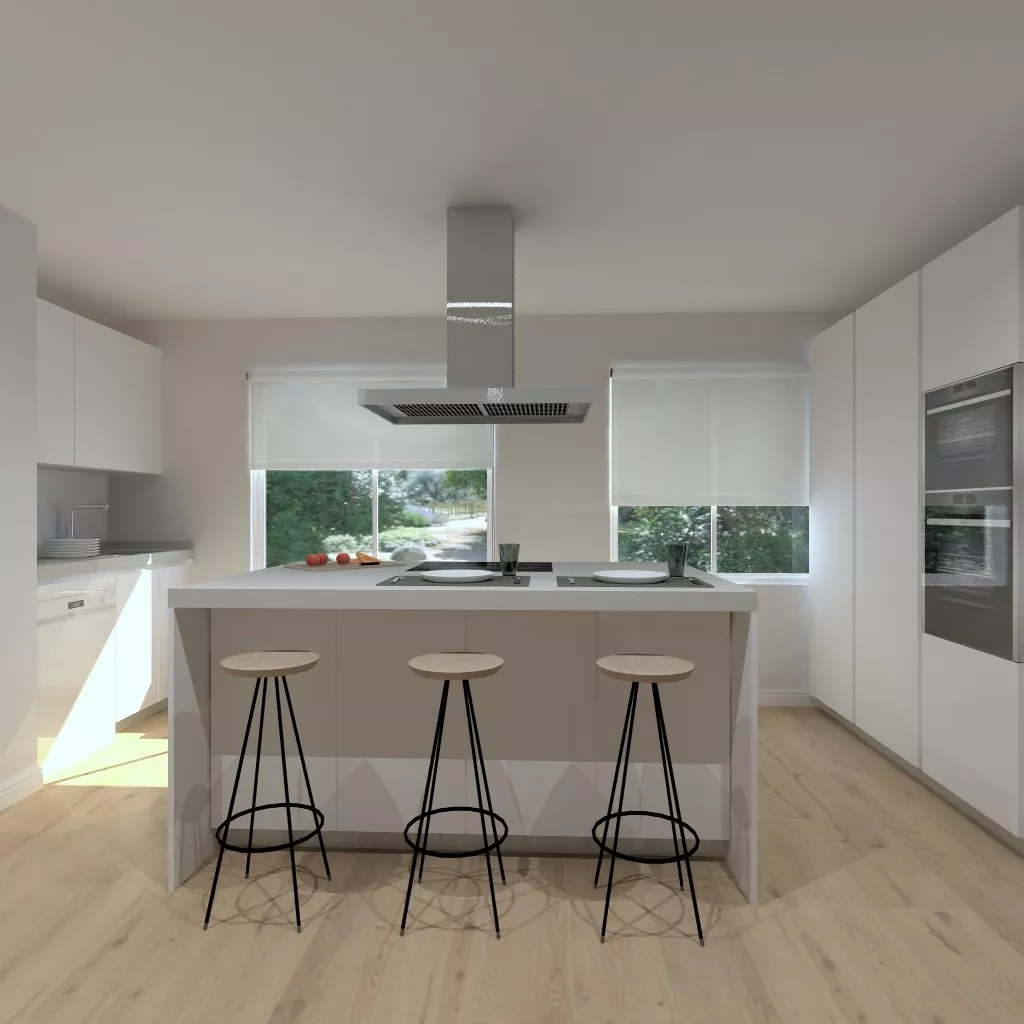Aravaca | Cocina Santos | Modelo Minos Laminado Blanco Brillo | Encimera Neolith Piedra 