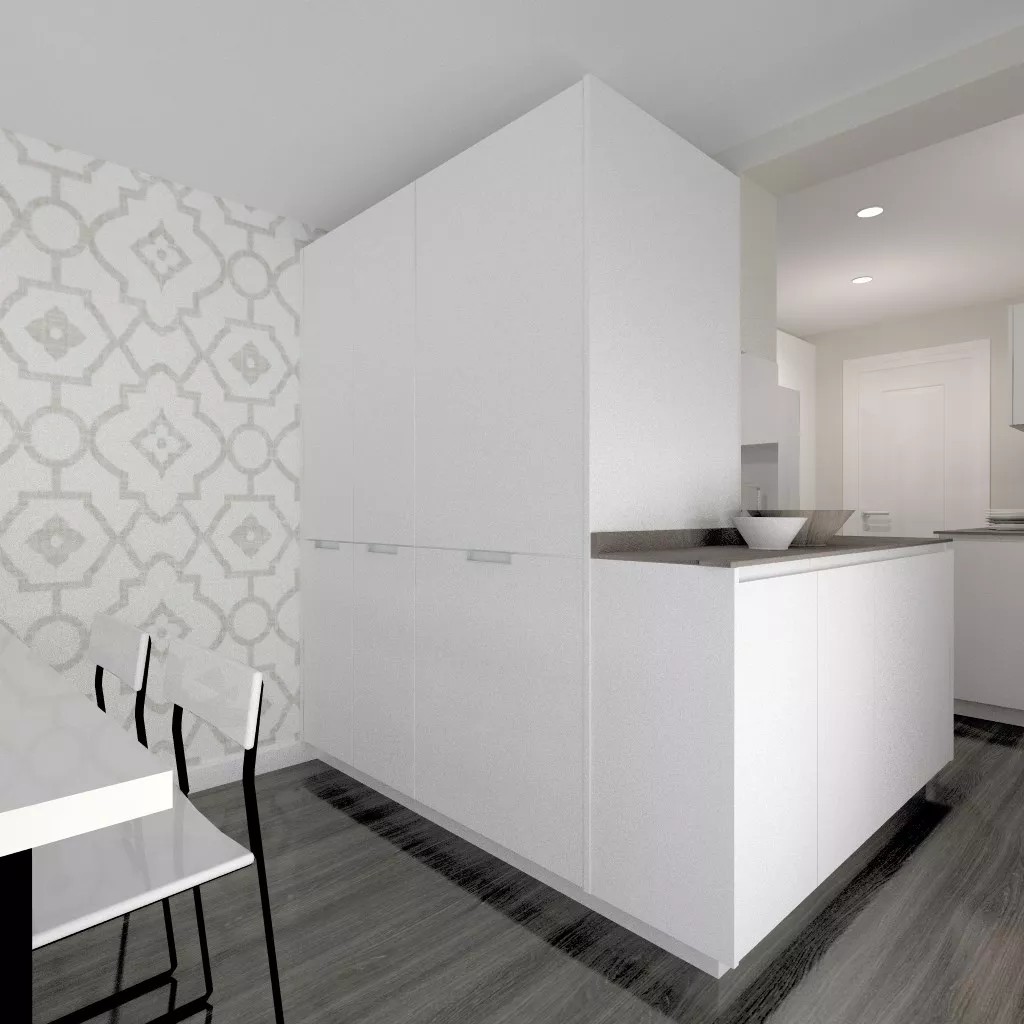 Aravaca | Cocina Santos | Modelo Line L Blanco Seda | Encimera Neolith Iron Cooper