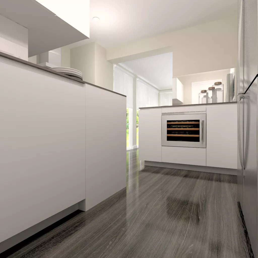 Aravaca | Cocina Santos | Modelo Line L Blanco Seda | Encimera Neolith Iron Cooper