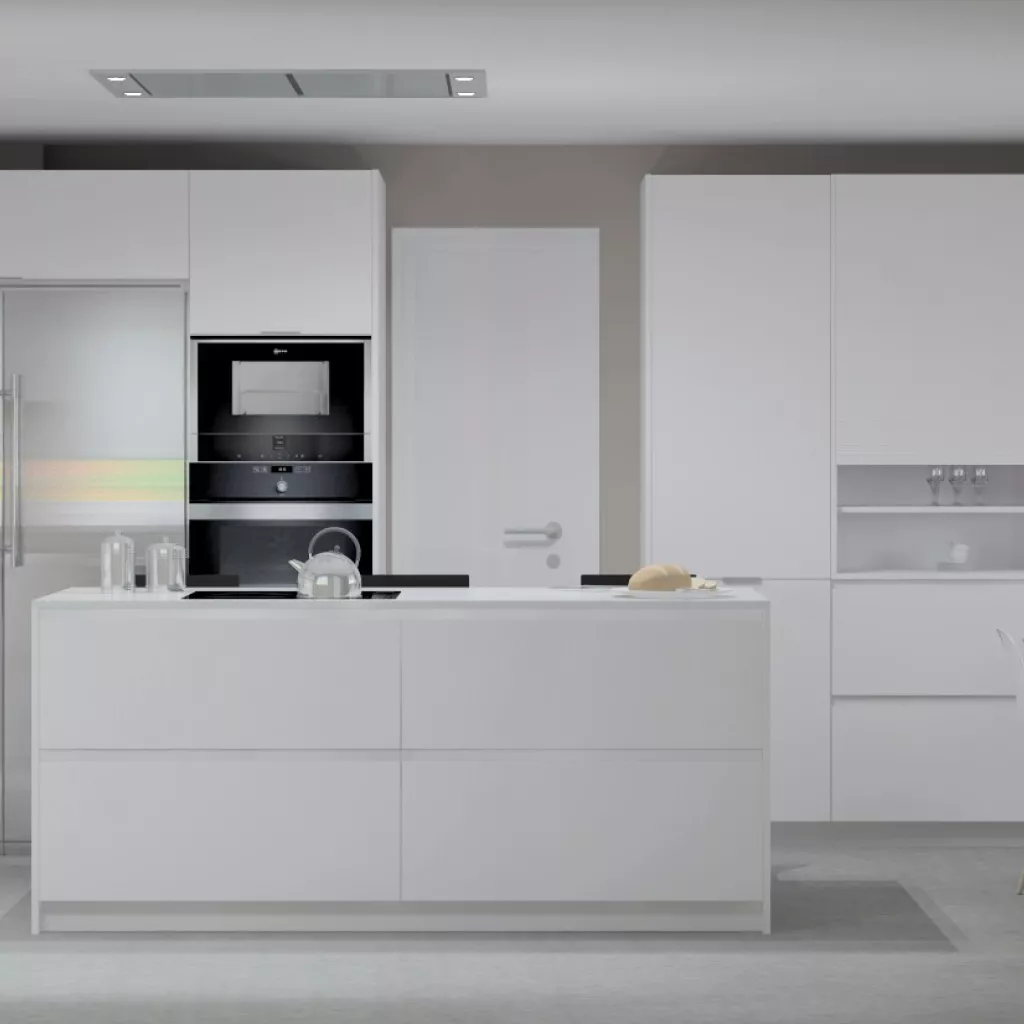 Madrid | Cocina Santos | Modelo Line L Laminado Seda Mate | Encimera Silestone Blanco Zeus