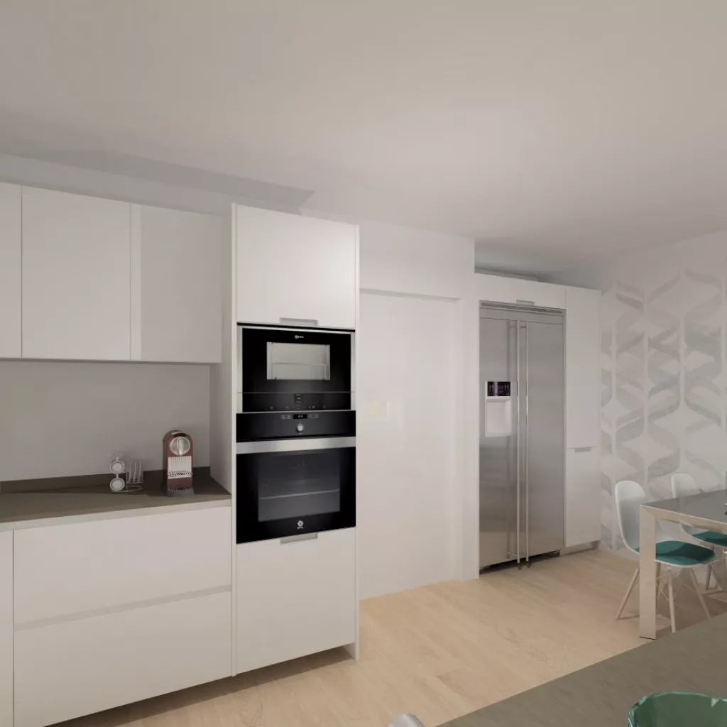 Proyecto en Madrid – Cocina Santos LINE-L en laminado seda mate con encimera Silestone Blanco Zeus y diseño abierto