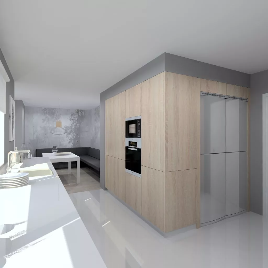 Cocina Santos | Modelo Line-E Y Ariane 2 Estratificado Blanco Seff Y Roble opt Barrica  |  Encimera Silestone Marengo