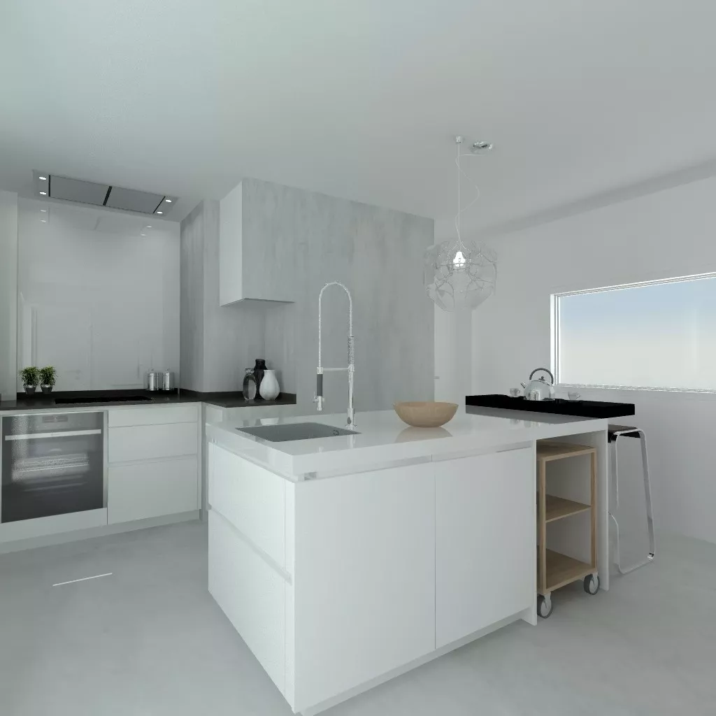 Madrid | Cocina Santos | Modelo Line E Estratificado Blanco | Encimera Granito Sahara Nights Neverwashed