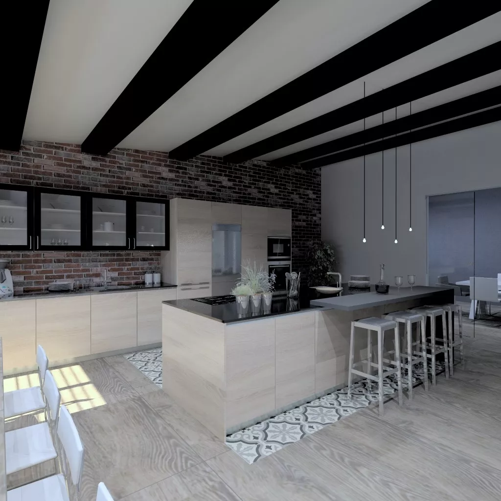 Aravaca | Cocina Santos | Modelo Line Estratificado Roble Barrica | Encimera Sahara Nights