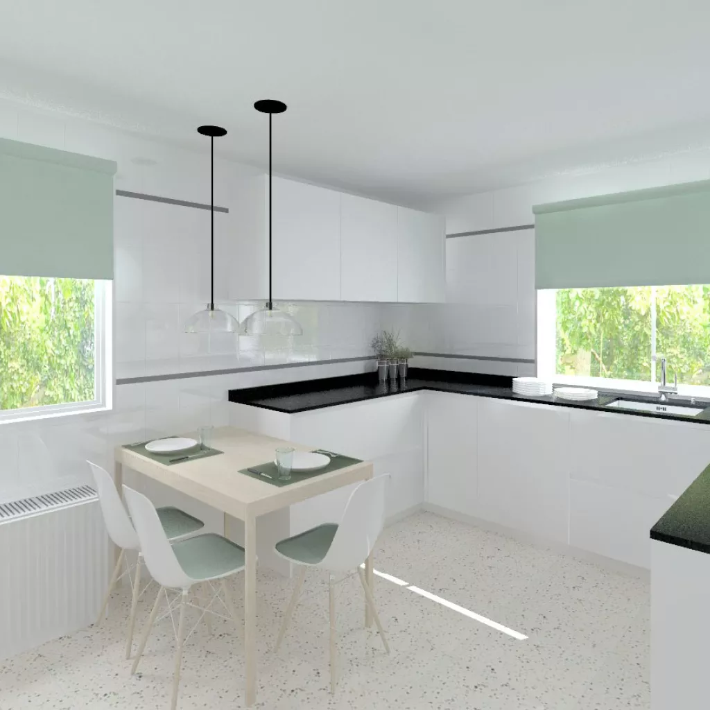 Madrid |Cocina Santos | Modelo Line L Blanco Seda Mate | Encimera Granito Negro