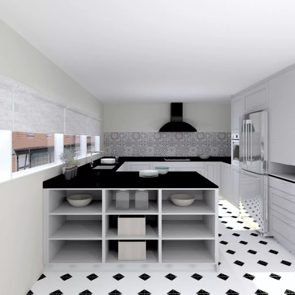 Madrid | Cocina Santos | Modelo Epoca Gris Piedra | Encimera Granito Negro Satén