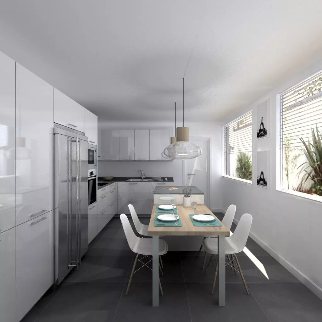 Aravaca | Cocina Santos | Modelo Plano Laminado Blanco Polar Brillo | Encimera Silestone Marengo