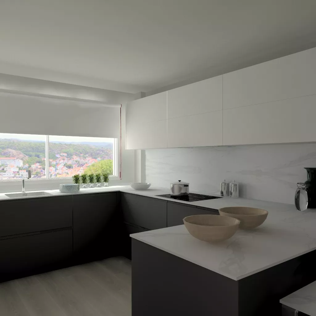 Aravaca | Cocina Santos | Modelo Intra Estratificado Gris Antracita | Encimera Porcelanico Estatuario