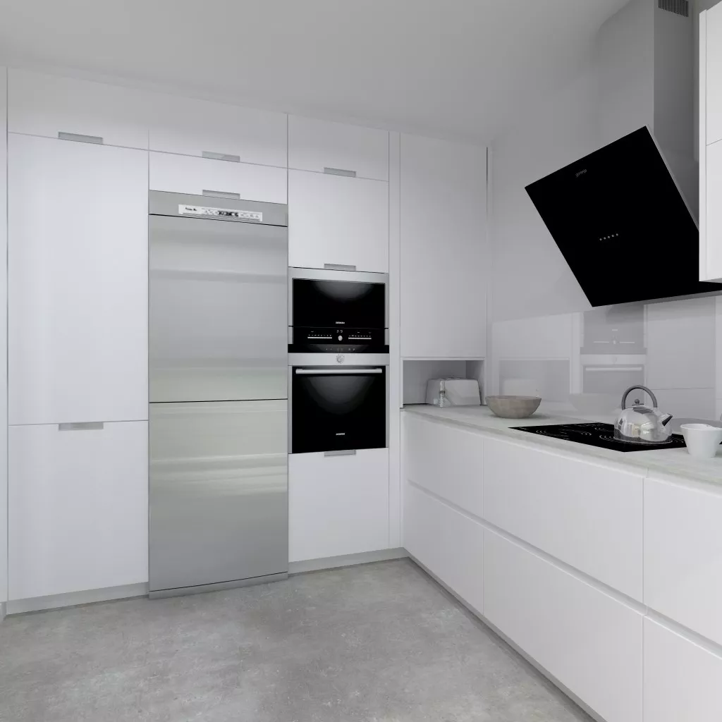 Aravaca | Cocina Santos | Modelo Minos Laminado Seda Blanco | Encimera Neolith Cement 