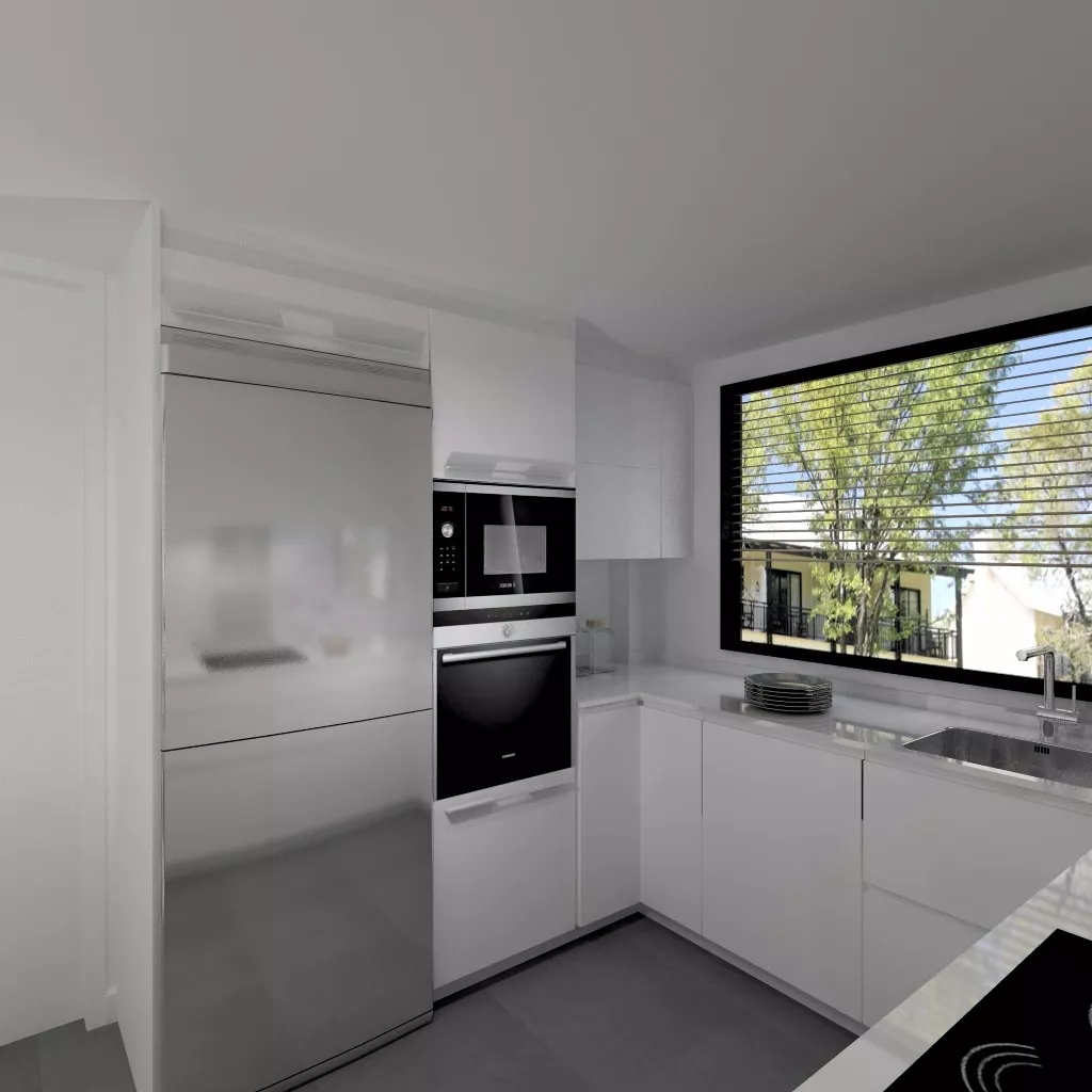 Aravaca | Cocina Santos | Modelo Line L Laminado Seda Blanco | Encimera Silestone Blanco