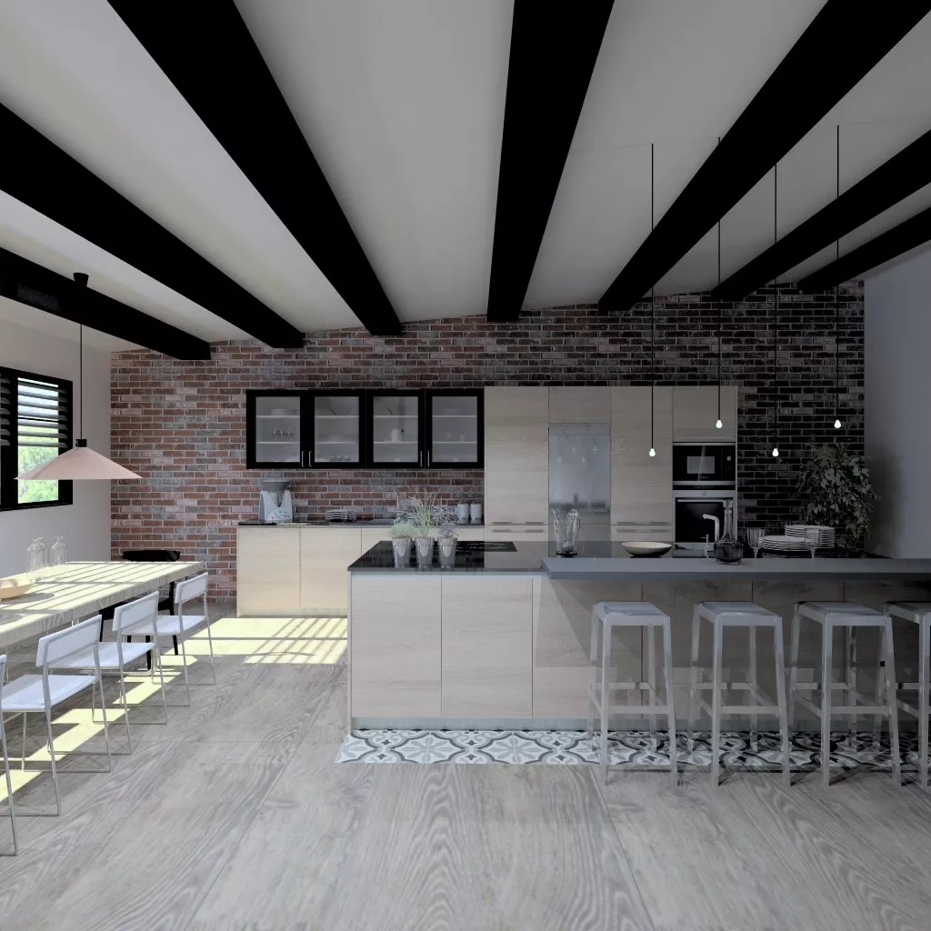 Aravaca | Cocina Santos | Modelo Line Estratificado Roble Barrica | Encimera Sahara Nights