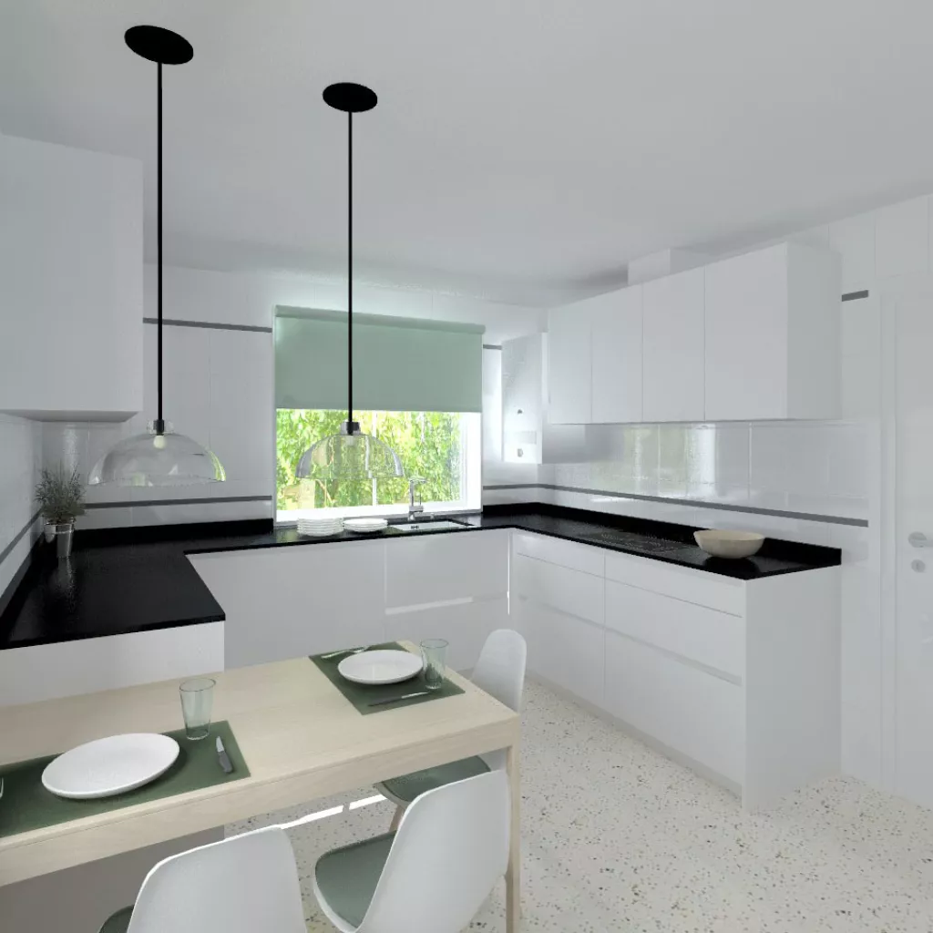 Madrid |Cocina Santos | Modelo Line L Blanco Seda Mate | Encimera Granito Negro