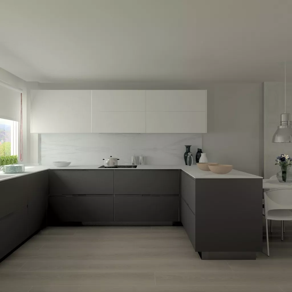 Aravaca | Cocina Santos | Modelo Intra Estratificado Gris Antracita | Encimera Porcelanico Estatuario