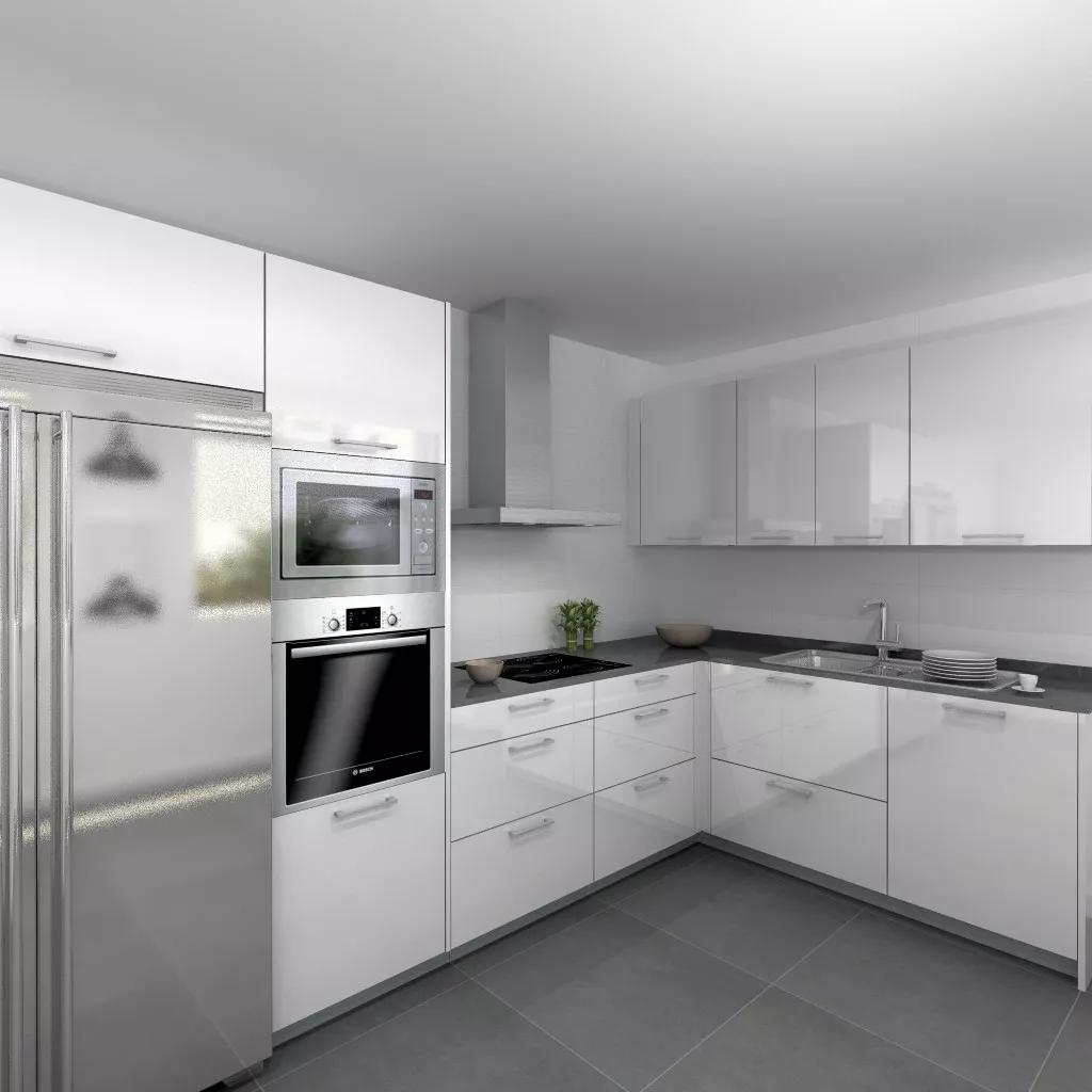 Aravaca | Cocina Santos | Modelo Plano Laminado Blanco Polar Brillo | Encimera Silestone Marengo